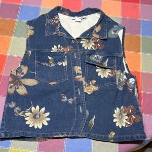 Vintage Blue Jean Vest with Butterfly and Flowers